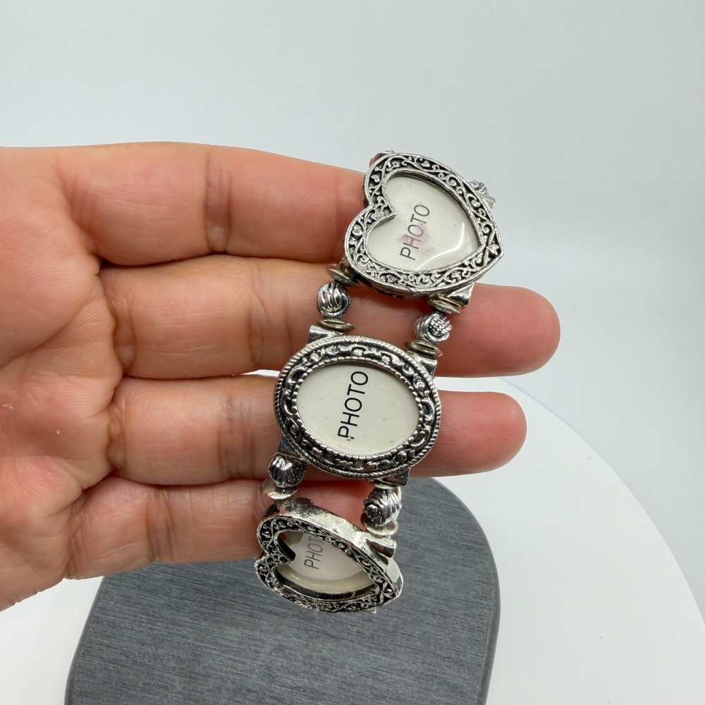 Silver Tone Photo Frame Locket Charm Stretch Bracelet Y2K Gothic Statement Boho